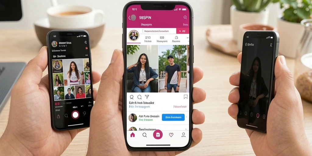 Tampilan antarmuka aplikasi 98SPIN dengan berbagai pilihan filter Instagram.