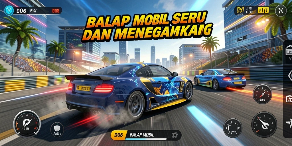 Antarmuka permainan D06 dengan grafik balap mobil yang menakjubkan.