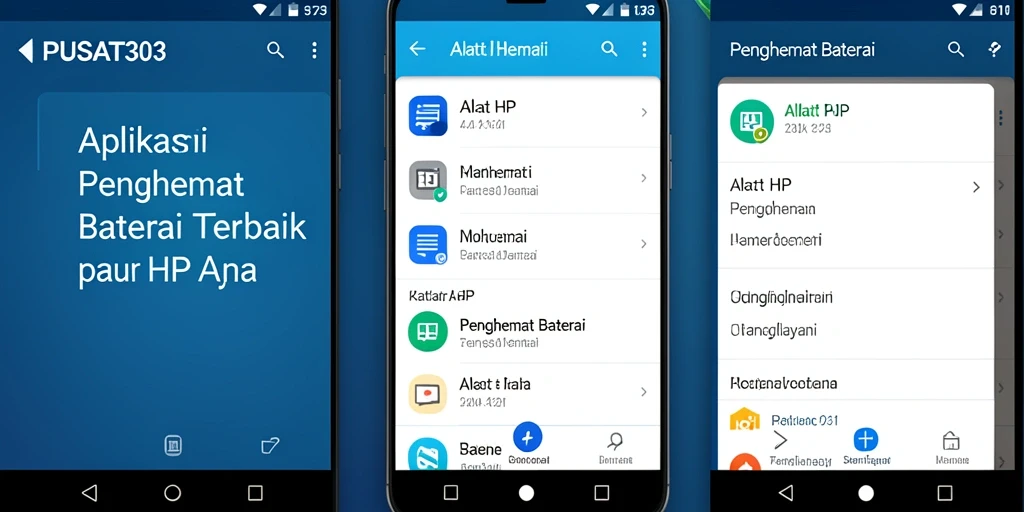Antarmuka utama PUSAT303 yang menampilkan status baterai dan pengaturan hemat daya.
